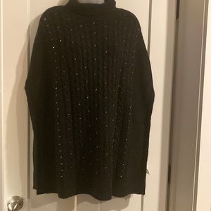 Beautiful  Crystal Embellished  Mock Neck Poncho,  Black, One Size,